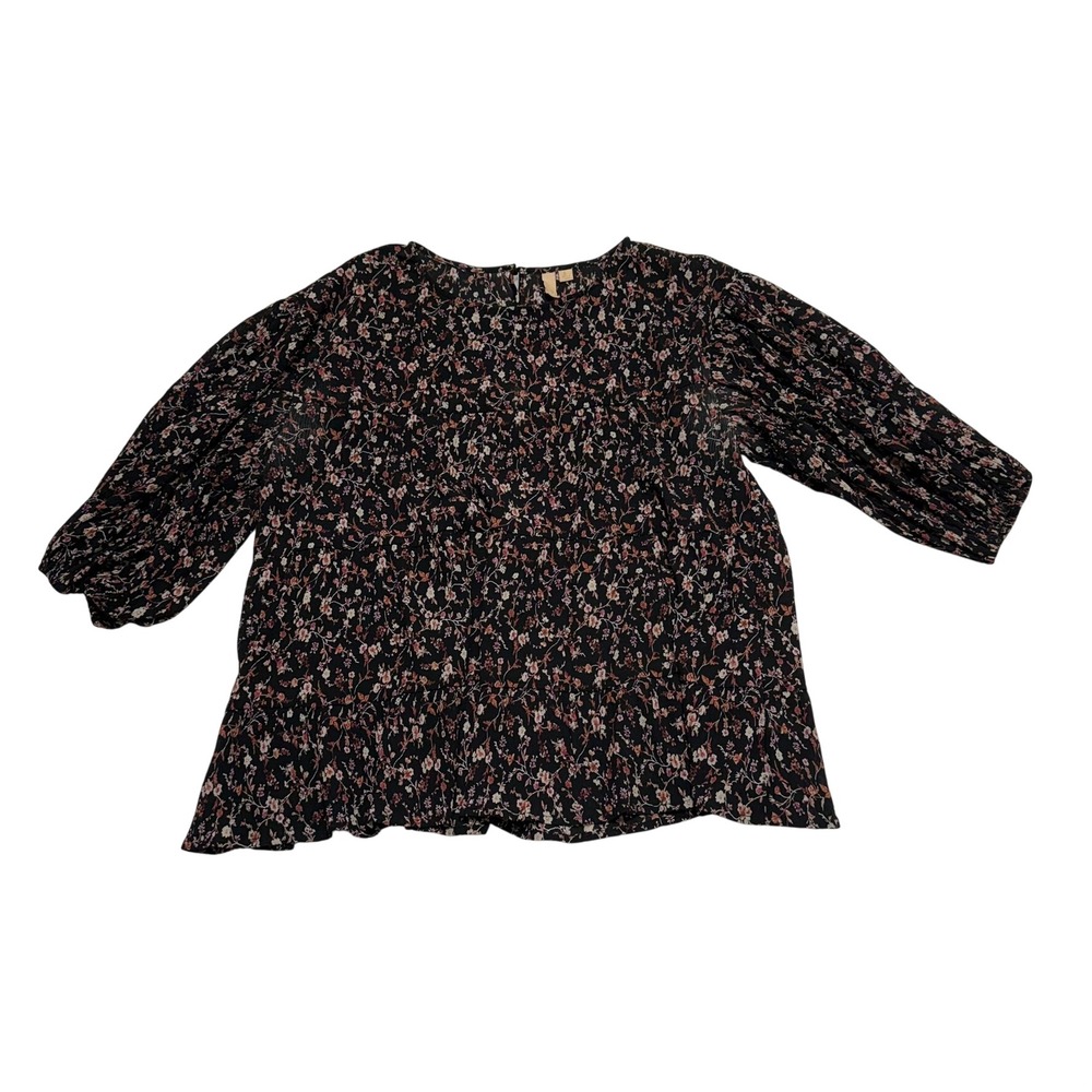 LOFT Womens Large Floral Pleated Blouse Black Pink 3/4 Sleeve Keyhole Back
